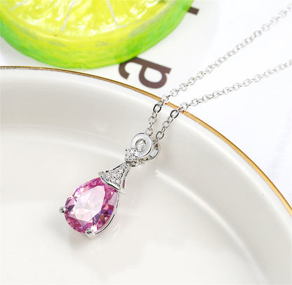 Cubic Zirconia and Pink Crystal Teardrop Pendant Necklace, pendant necklace for women, elegant gift for her, detail close-up