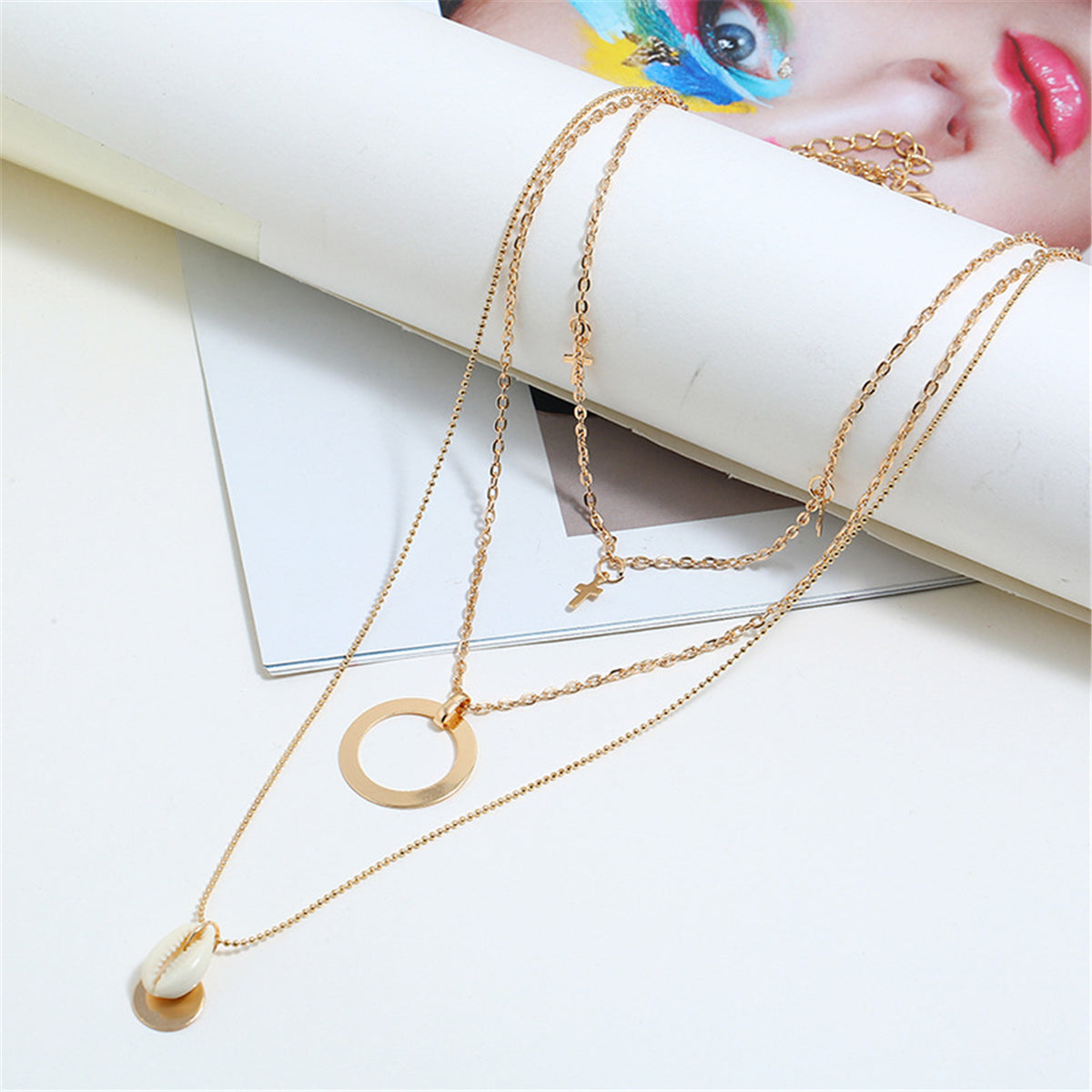 Shell & 18K Gold-Plated Cross Pendant Layered Necklace
