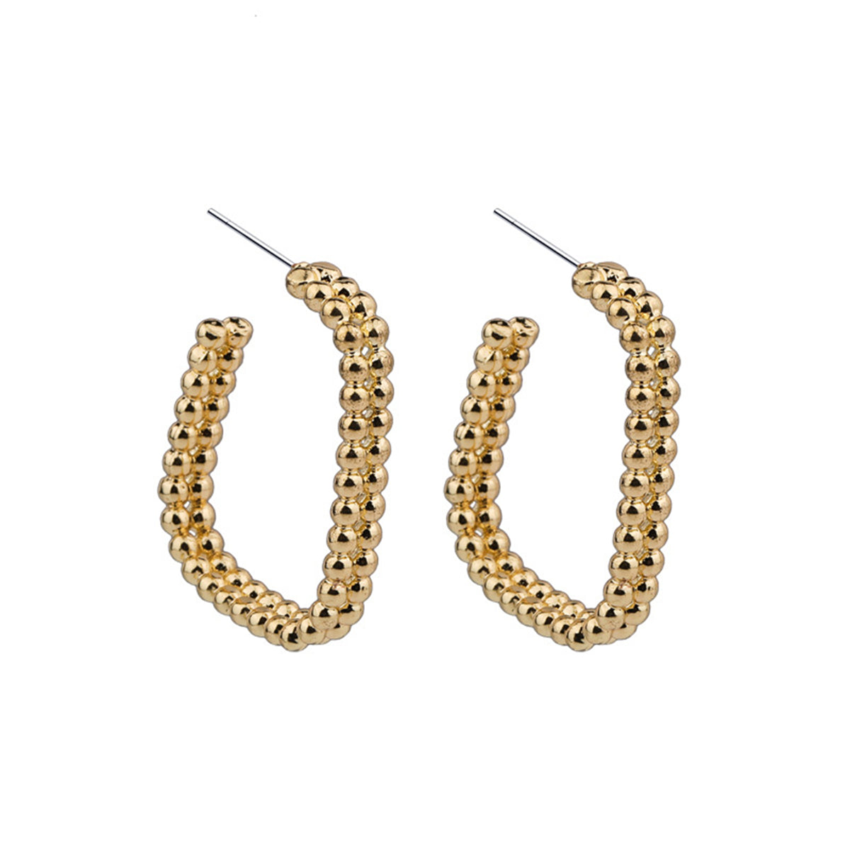 Stunning 18K gold-plated open rectangle hoop earrings adorned with delicate beads, ideal for a chic and stylish look.