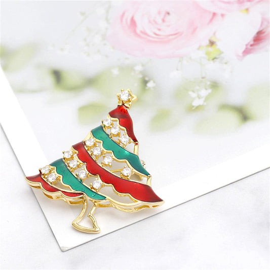 Cubic Zirconia and Enamel 18K Gold-Plated Christmas Tree Brooch, gold brooch pin, vintage-inspired design, front view
