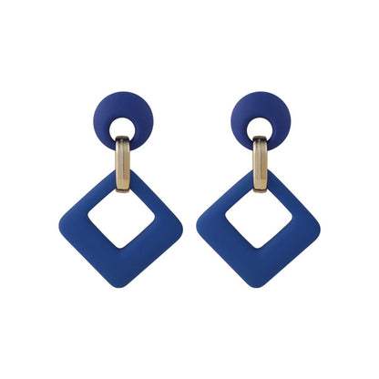 Navy Enamel and 18K Gold-Plated Open Rhombus Drop Earrings, gold drop earrings for women, botanical inspired, front view