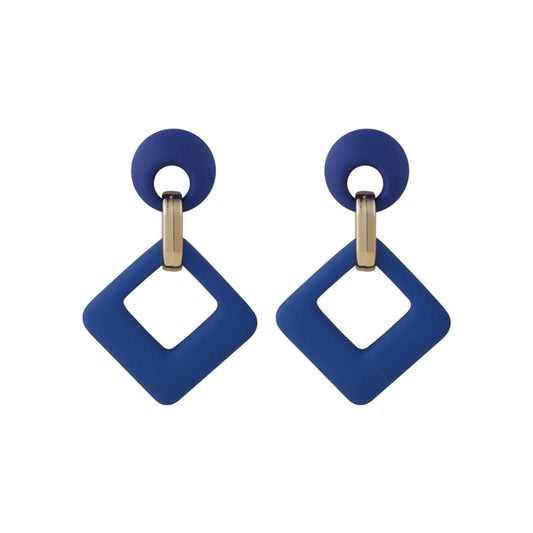 Navy Enamel and 18K Gold-Plated Open Rhombus Drop Earrings, gold drop earrings for women, botanical inspired, front view