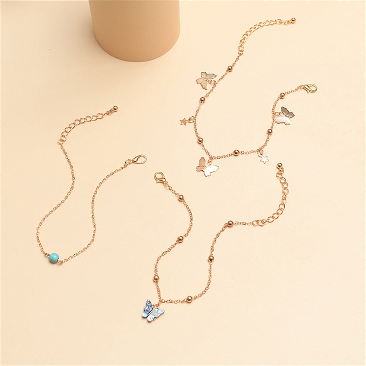 Abalone Shell and Turquoise 18k Gold-Plated Butterfly Anklet Set, jewelry gift sets for women, side view