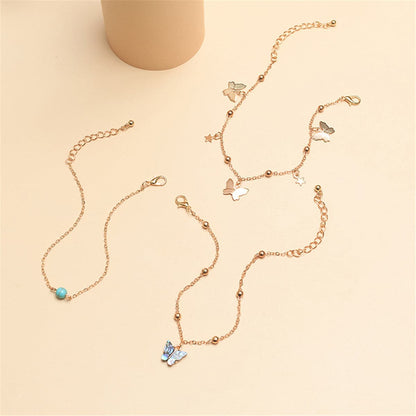 Abalone Shell and Turquoise 18k Gold-Plated Butterfly Anklet Set, jewelry gift sets for women, side view