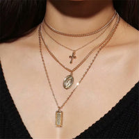 18k Gold-Plated Cross & Mary Layered Pendant Choker Necklace