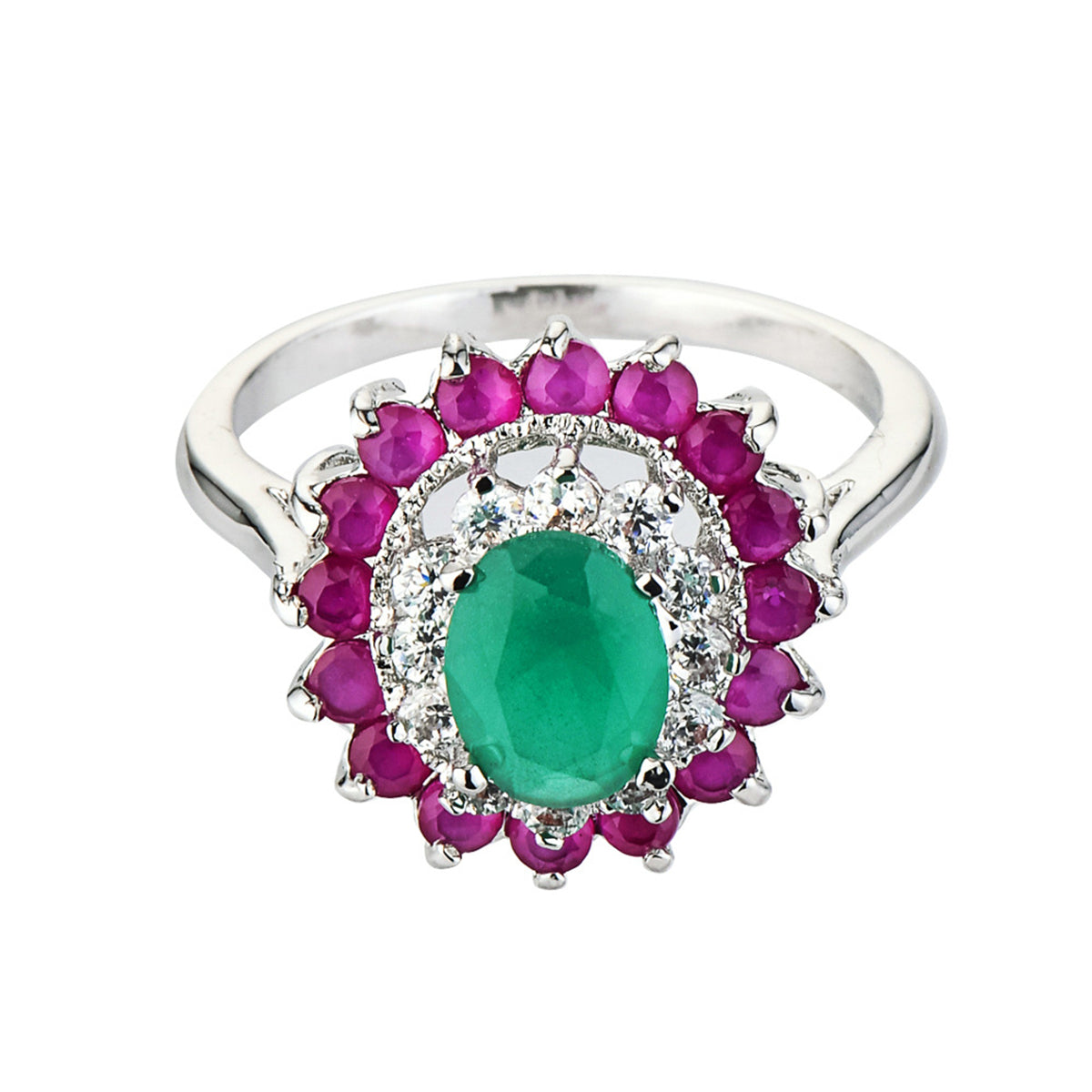 Green Crystal and Red Cubic Zirconia Oval-Cut Halo Ring, statement rings for women, everyday style, detail close-up