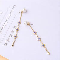 Blue Crystal & Imitation Pearl Linking Eyes Drop Earrings - streetregion