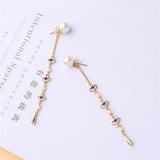 Blue Crystal & Imitation Pearl Linking Eyes Drop Earrings - streetregion