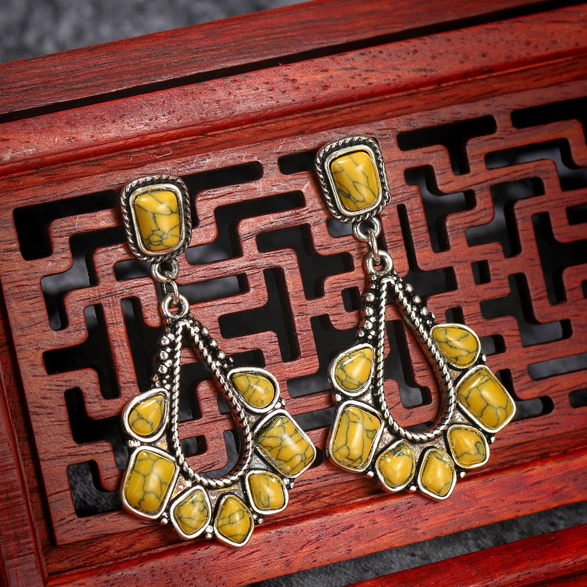 Yellow Marbled Turquoise & Silver-Plated Chandelier Drop Earrings