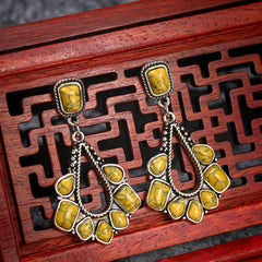 Yellow Marbled Turquoise & Silver-Plated Chandelier Drop Earrings