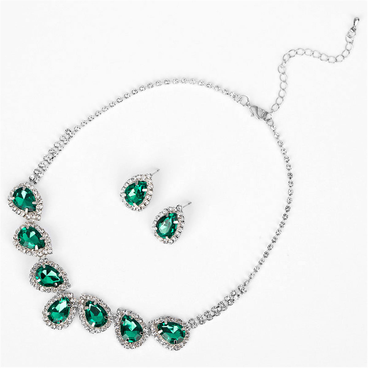Green & Cubic Zirconia Pear Statement Necklace & Stud Earrings