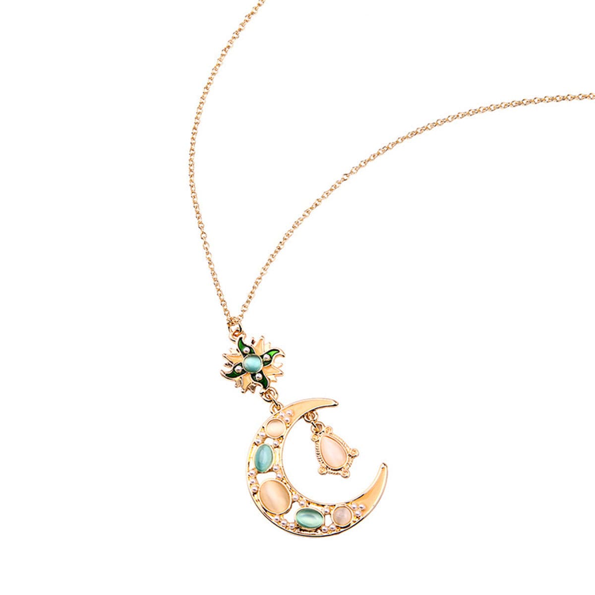 Pearl & Cat's Eye 18K Gold-Plated Drop Moon Pendant Necklace