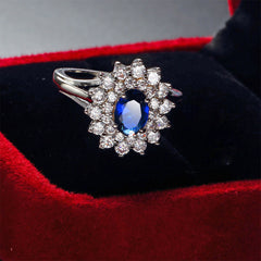 Cubic Zirconia & Navy Crystal Flower Halo Ring