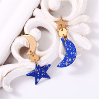 Blue & Goldtone Moon Star Asymmetrical Drop Earrings