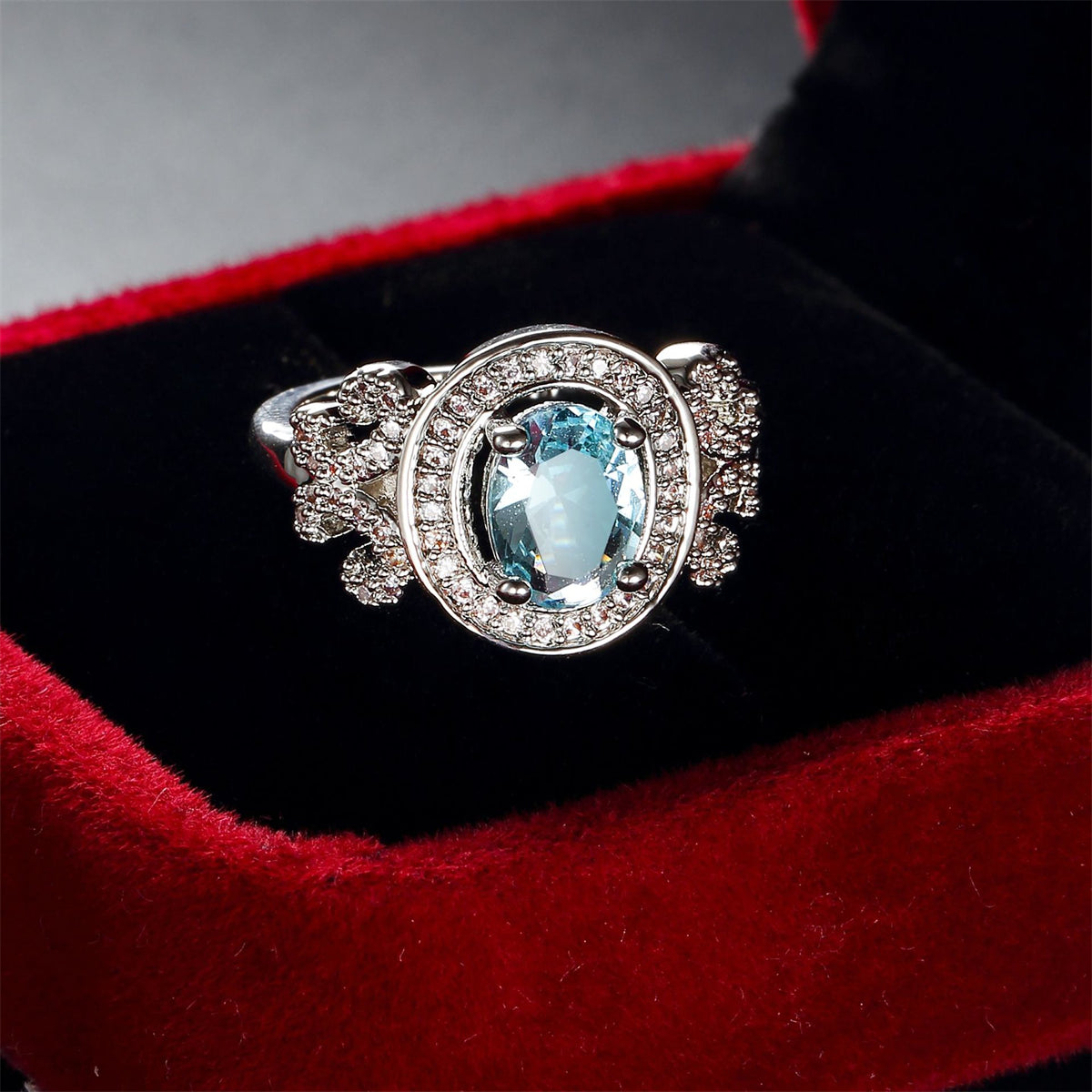 Cubic Zirconia & Sea Blue Crystal Halo Butterfly Ring