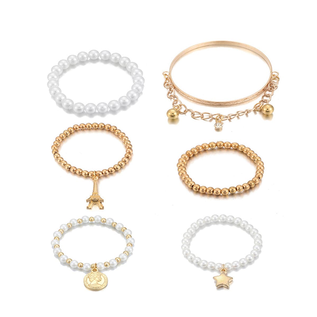 Pearl and 18K Gold-Plated Eiffel Tower Bracelet Set, jewelry gift sets for women, everyday style, lifestyle look