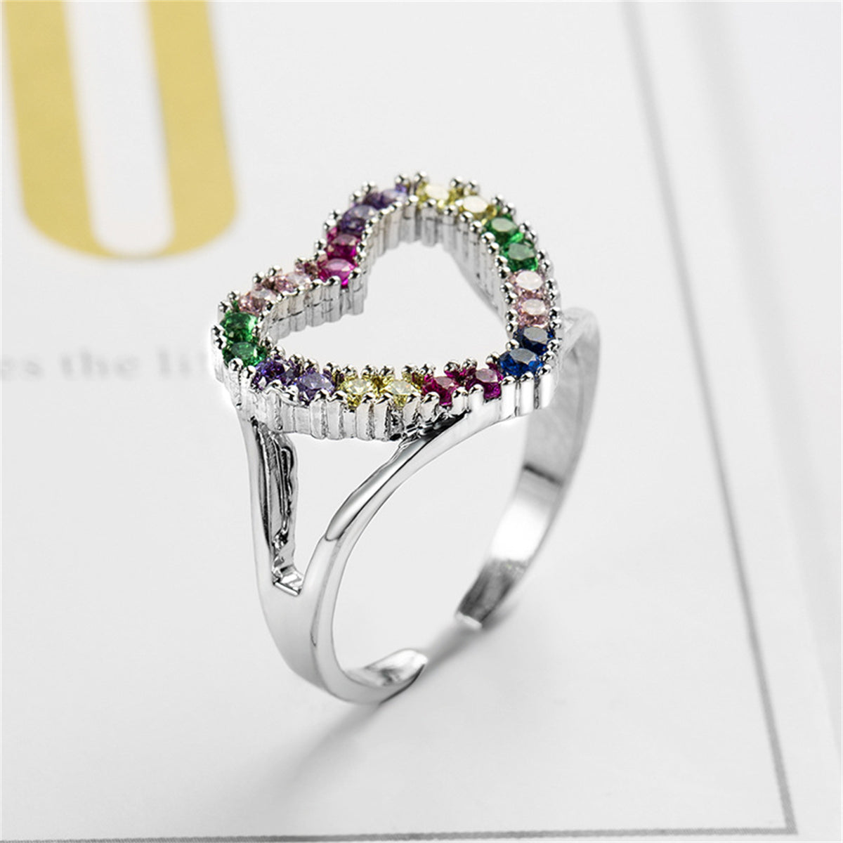 Red Cubic Zirconia and Silver-Plated Open Heart Ring, silver statement rings for women, lifestyle look