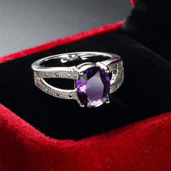Purple Crystal & Cubic Zirconia Silver-Plated Oval Ring