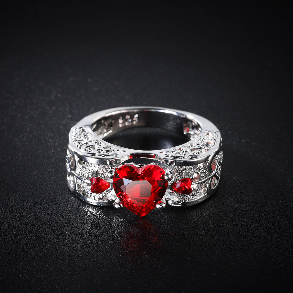 Red Crystal & Cubic Zirconia Floral Heart-Cut Band