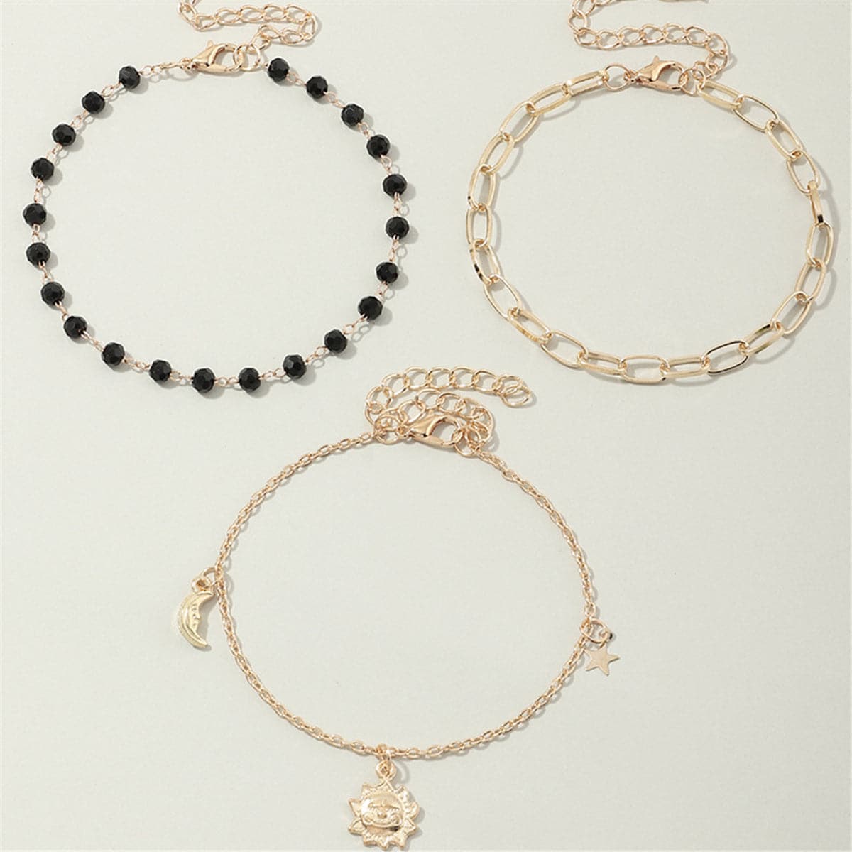 Black Bead and 18K Gold Plated Sun Figaro Anklet Set, jewelry gift sets for women, everyday style, detail close-up