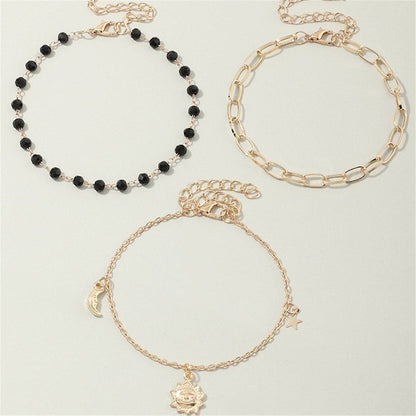 Black Bead and 18K Gold Plated Sun Figaro Anklet Set, jewelry gift sets for women, everyday style, detail close-up