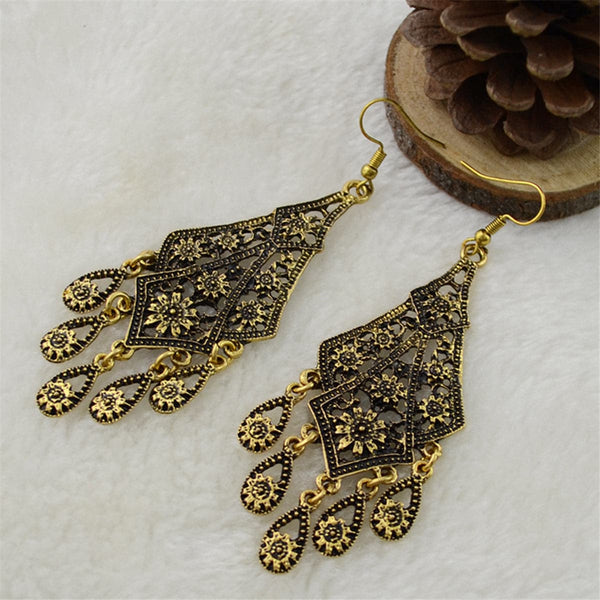 Goldtone Engraving Hollow Drop Earrings
