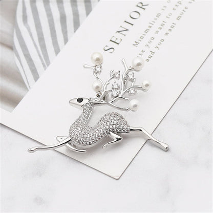Pearl and Cubic Zirconia Silver-Plated Reindeer Brooch, silver brooch pin, botanical inspired, side view