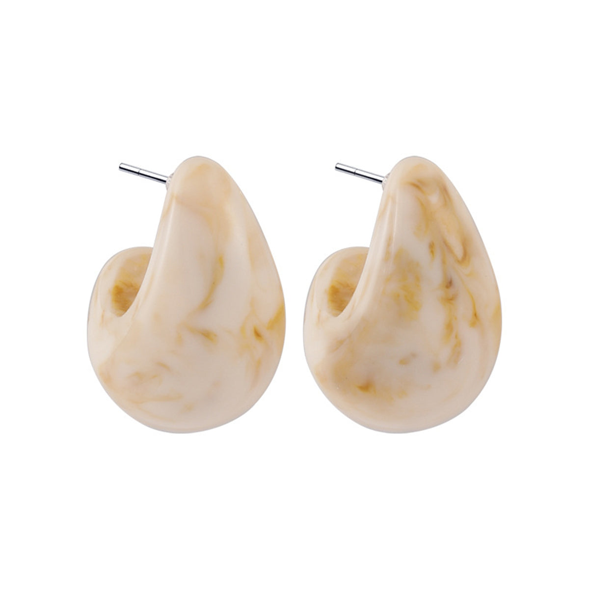 Beige Resin Marbled Chunky C-Shape Huggie Earrings, huggie earrings, vintage-inspired design, front view