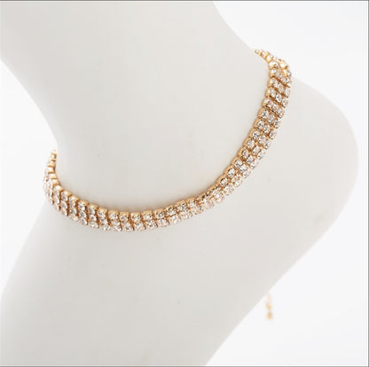 Cubic Zirconia and 18K Gold-Plated Three-Layer Stretch Anklet, gold anklet bracelet, elegant gift for her, lifestyle look