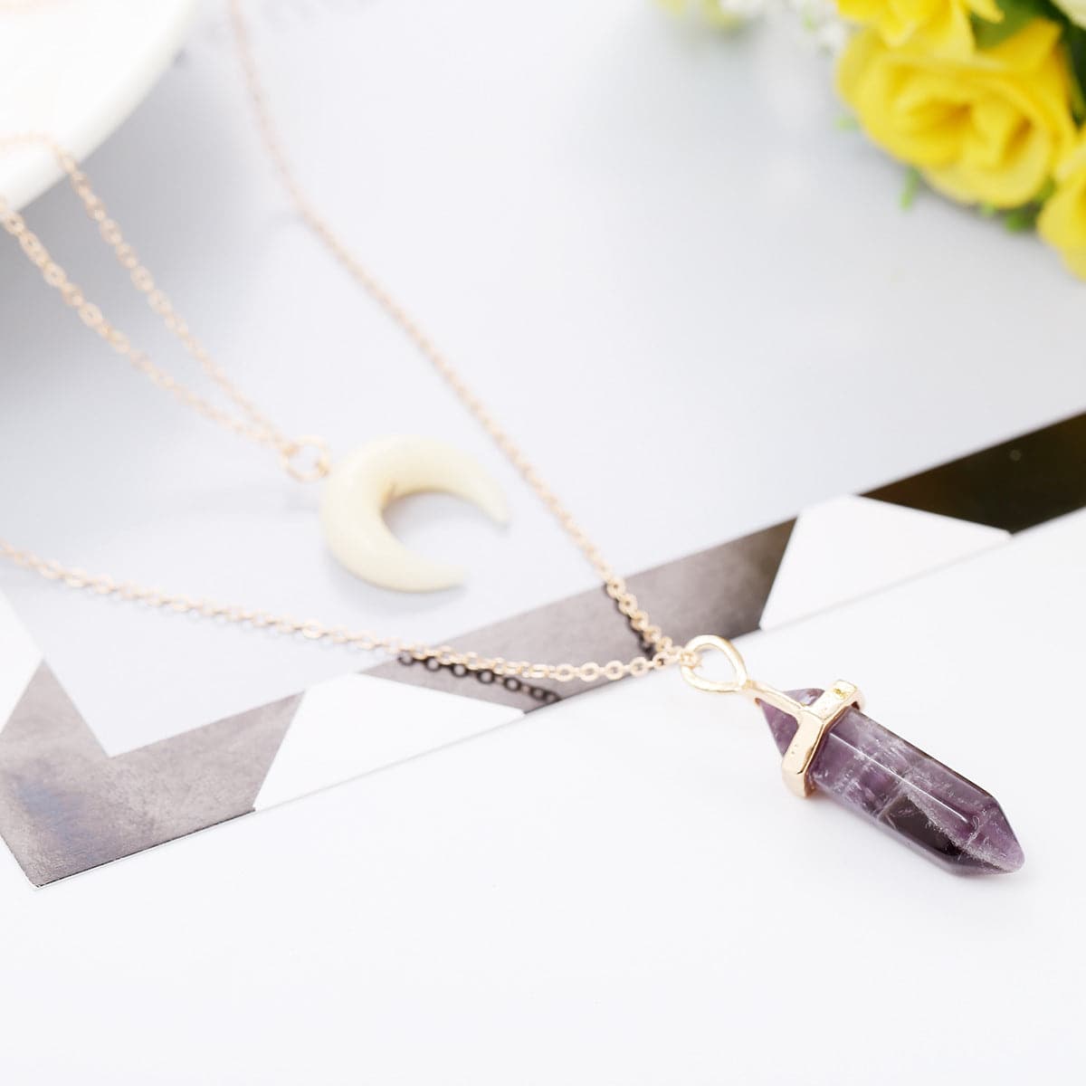 Purple Crystal & Acrylic 18K Gold-Plated Moon Layered Pendant Necklace
