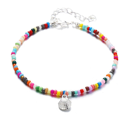 Red and Silver-Plated Shell Charm Anklet, silver anklet bracelet, dainty minimalist design, side view