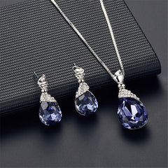 Purple & Silver-Plated Pear Pendant Necklace & Drop Earrings