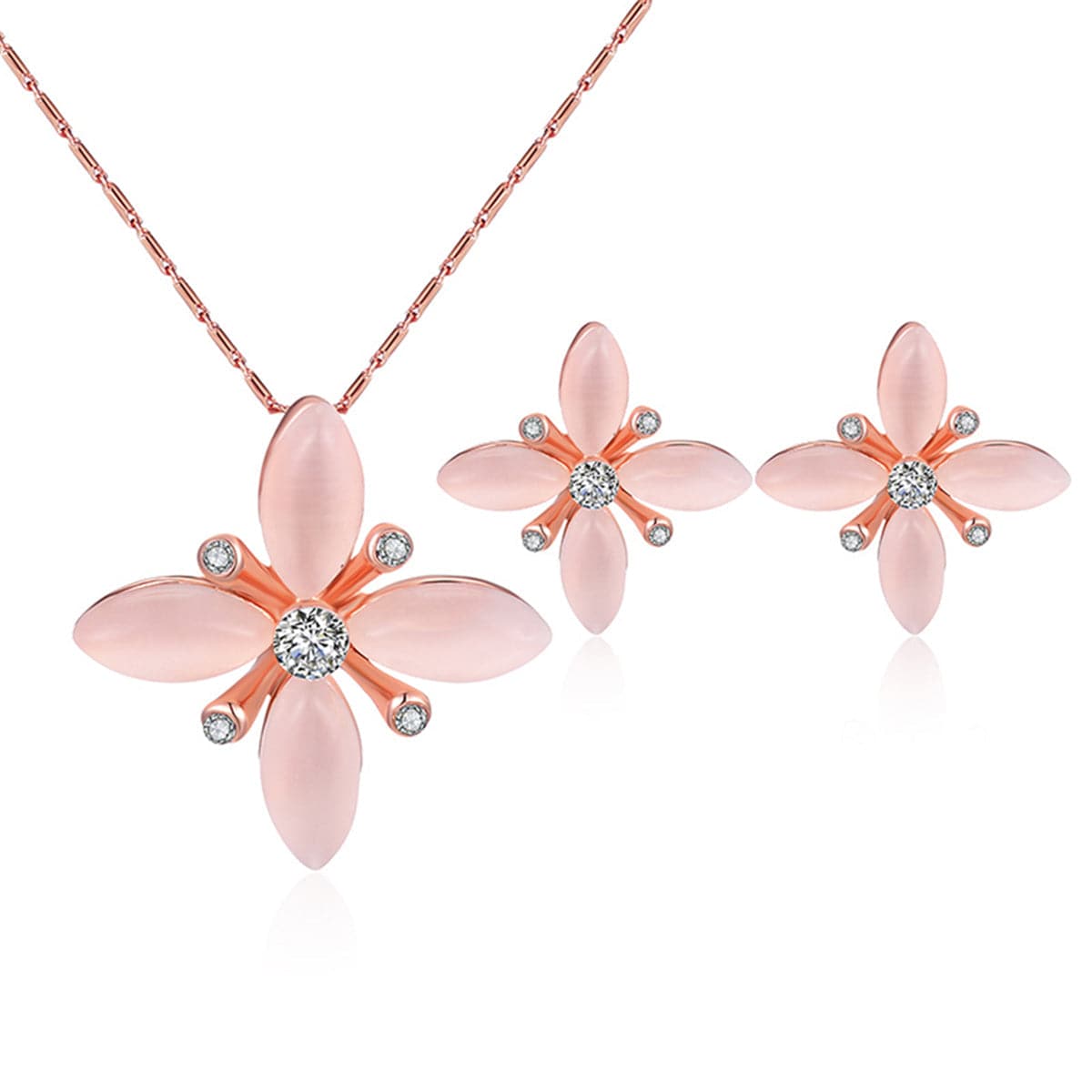 Pink Cats Eye & Cubic Zirconia Flower Pendant Necklace & Stud Earrings Set