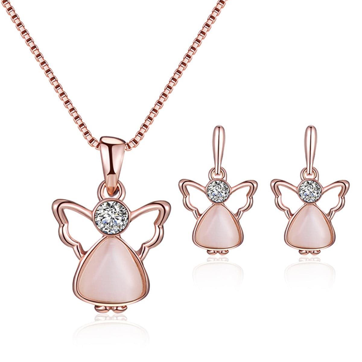 Rose Quartz and Cubic Zirconia Angel Pendant Necklace and Drop Earrings, drop earrings for women, everyday style, front view