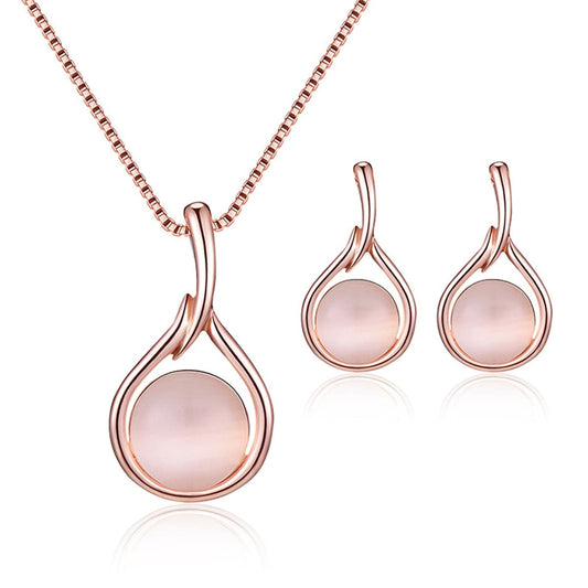 Rose Quartz and Cubic Zirconia Pendant Necklace and Drop Earrings, drop earrings for women, everyday style, front view