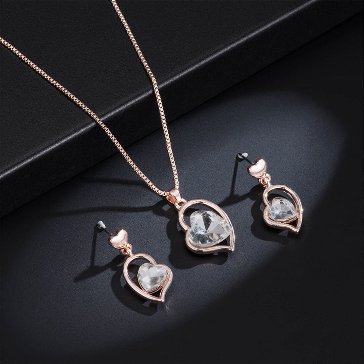 Crystal and 18K Rose Gold-Plated Heart Pendant Necklace and Earrings, rose gold drop earrings for women, front view
