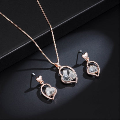 Crystal and 18K Rose Gold-Plated Heart Pendant Necklace and Earrings, rose gold drop earrings for women, front view