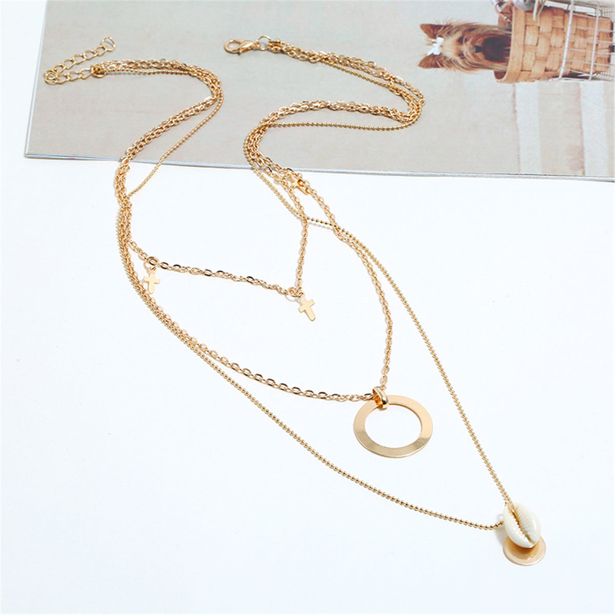 Shell and 18K Gold-Plated Cross Pendant Layered Necklace, gold pendant necklace for women, vintage-inspired design, side view