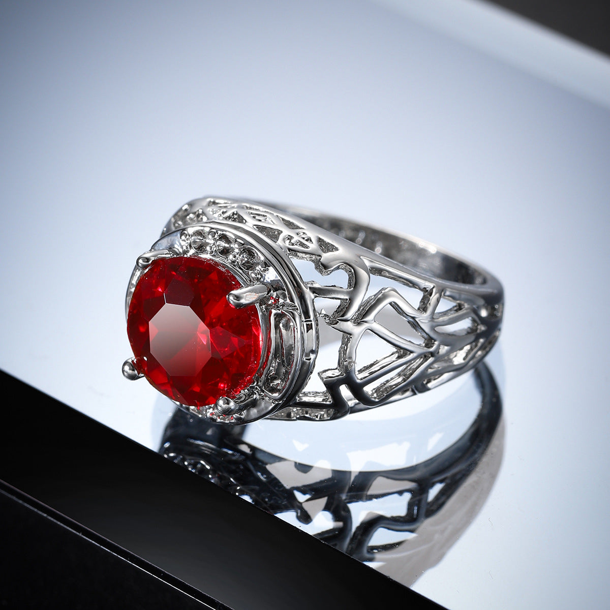 Red Crystal & Silver-Plated Filigree Cocktail Ring