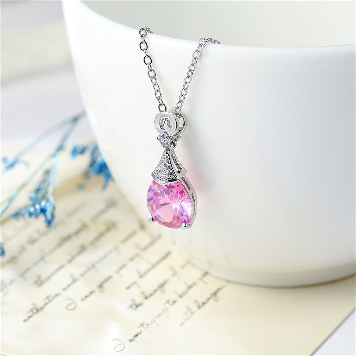 Cubic Zirconia and Pink Crystal Teardrop Pendant Necklace, pendant necklace for women, elegant gift for her, lifestyle look