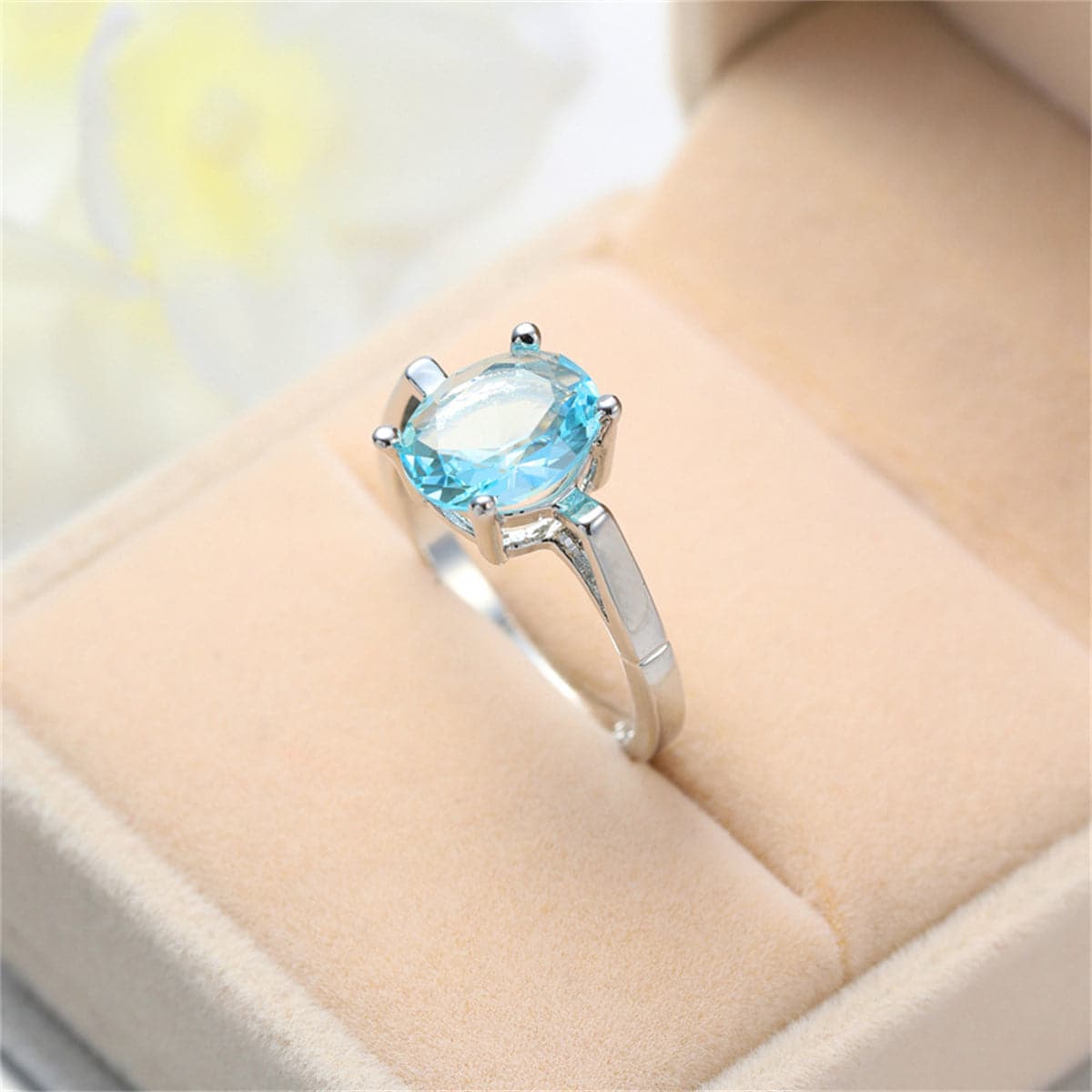 Sea Blue Crystal and Silver-Plated Openwork Geometric Oval-Cut Ring, silver statement rings for women, side view