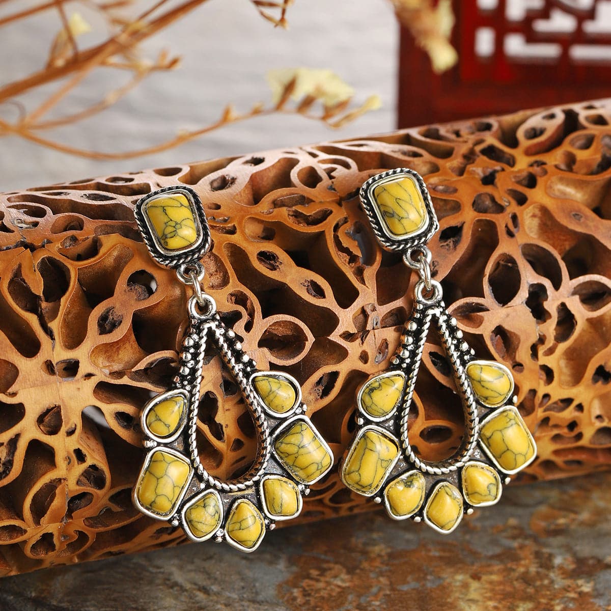 Yellow Marbled Turquoise & Silver-Plated Chandelier Drop Earrings