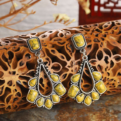 Yellow Marbled Turquoise & Silver-Plated Chandelier Drop Earrings