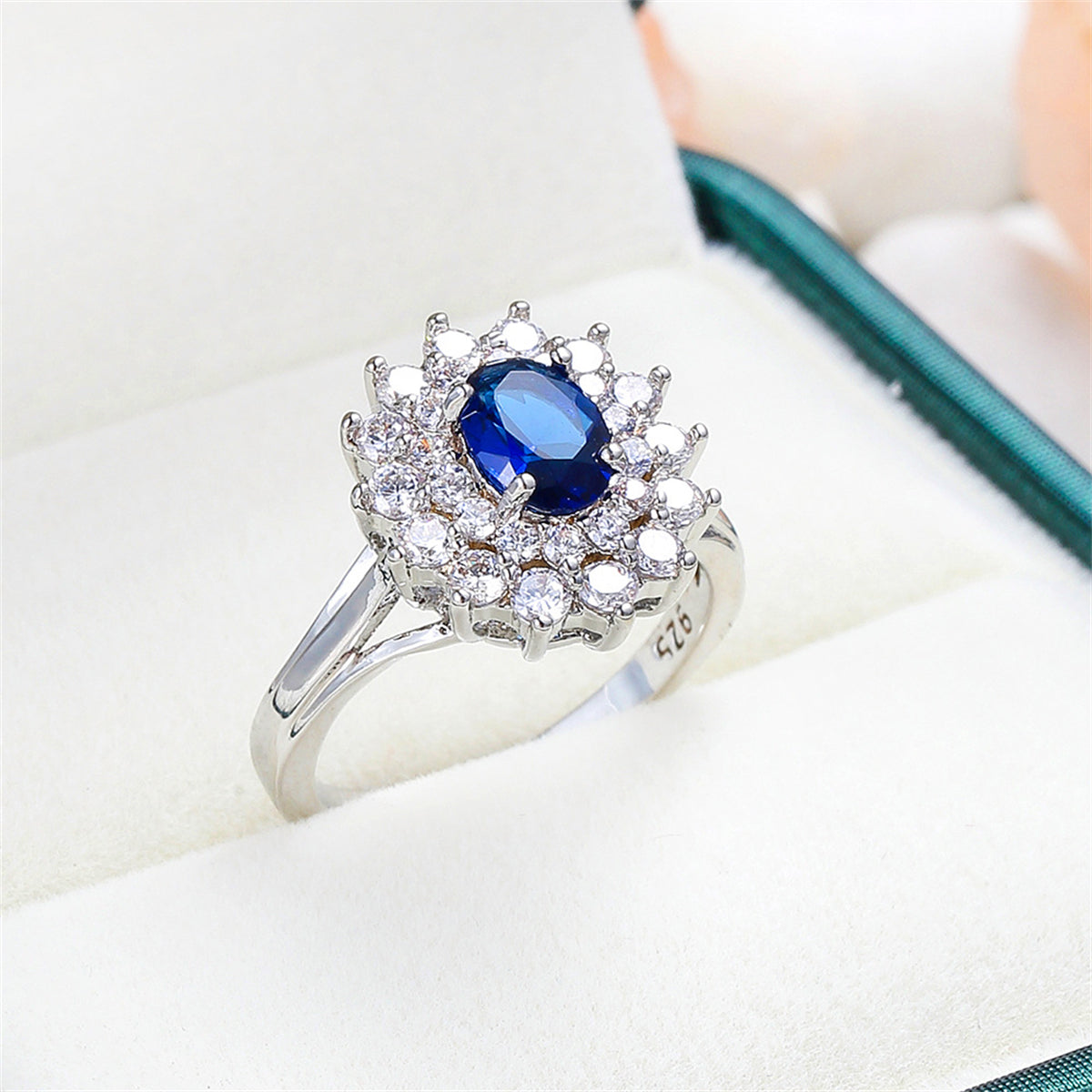 Cubic Zirconia & Navy Crystal Flower Halo Ring