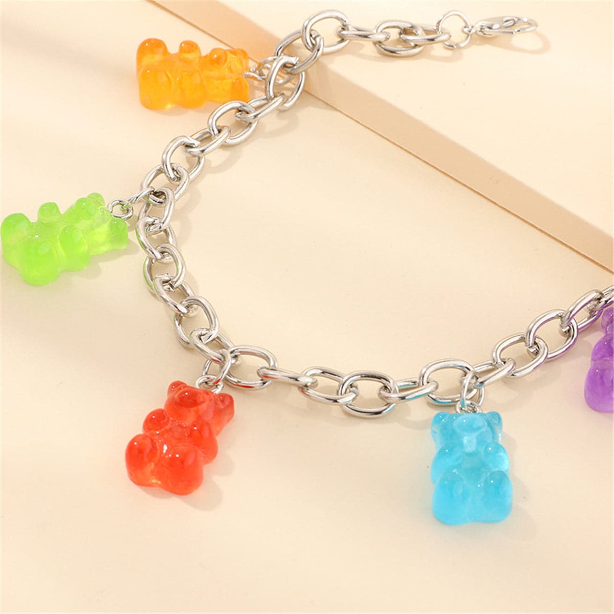 Rainbow Resin and Silver Plated Bear Station Anklet, silver anklet bracelet, everyday style, lifestyle look