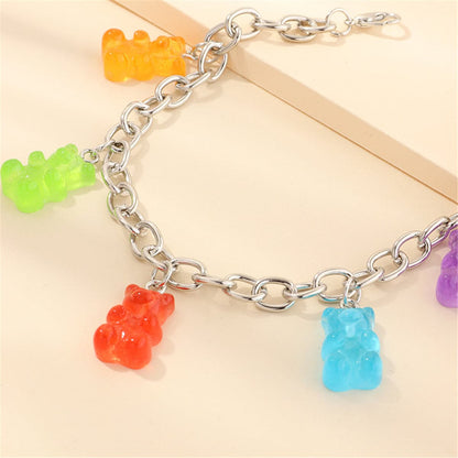 Rainbow Resin and Silver Plated Bear Station Anklet, silver anklet bracelet, everyday style, lifestyle look