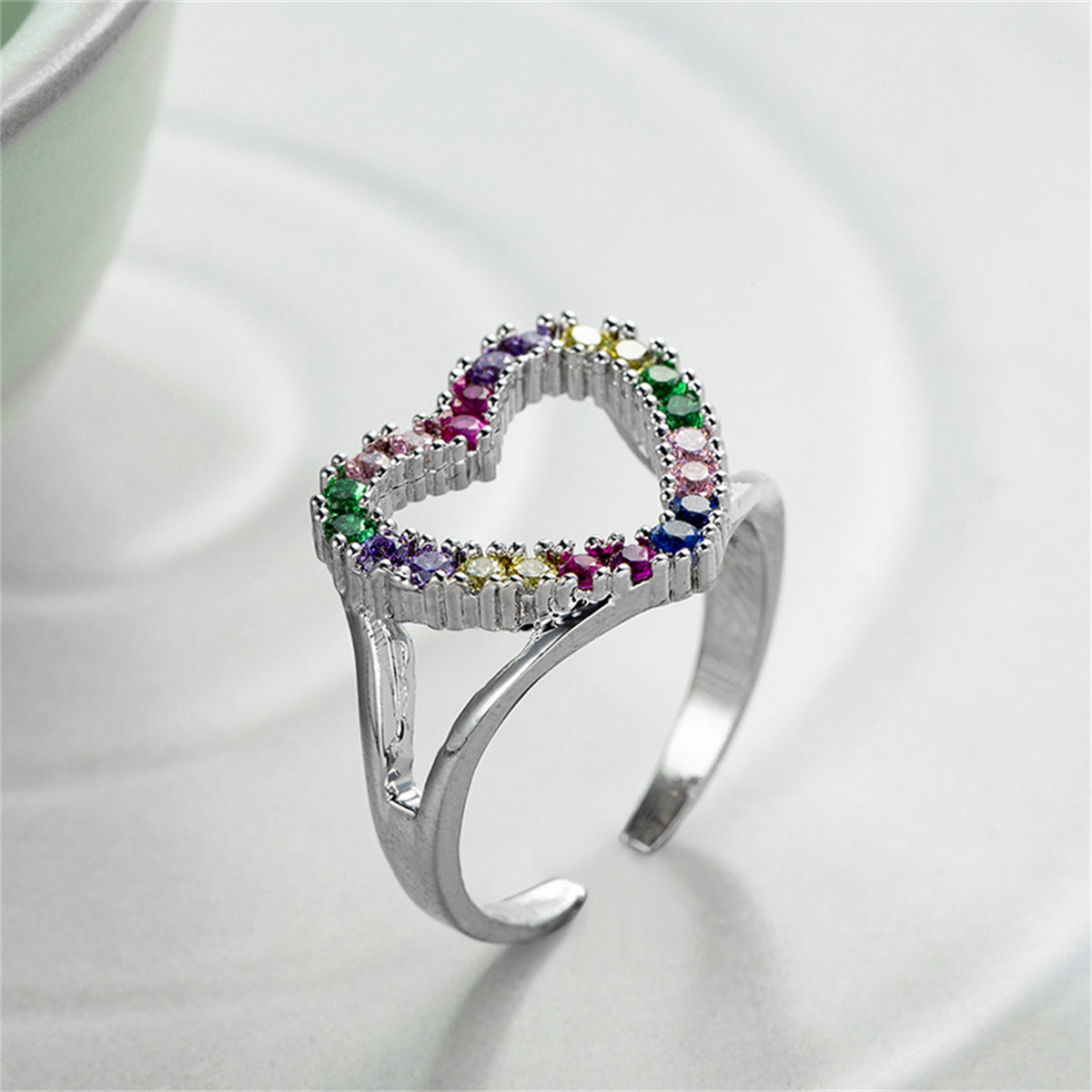Red Cubic Zirconia & Silver-Plated Open Heart Ring