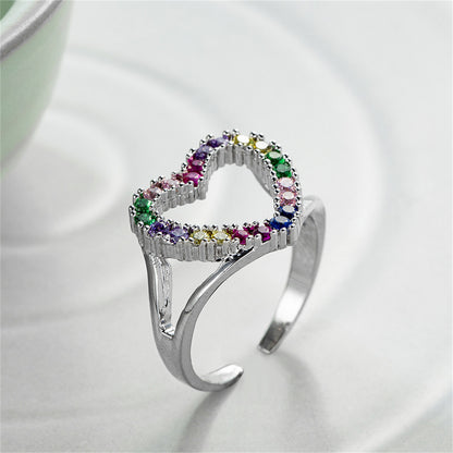 Red Cubic Zirconia and Silver-Plated Open Heart Ring, silver statement rings for women, vintage-inspired design, styled look