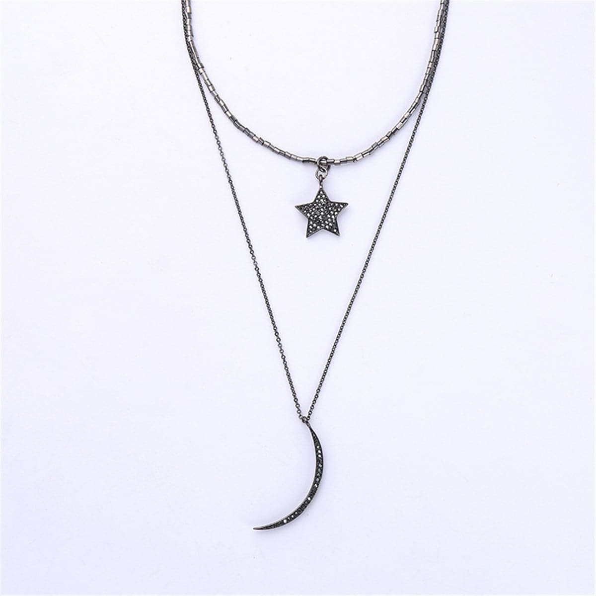 Black Cubic Zirconia & Gunmetal-Tone Moon & Star Layered Necklace