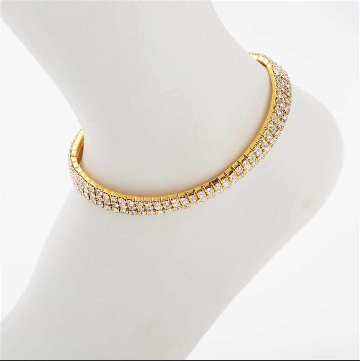 Cubic Zirconia and 18K Gold-Plated Three-Layer Stretch Anklet, gold anklet bracelet, elegant gift for her, detail close-up